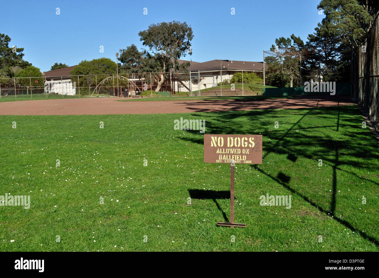 Keine Hunde erlaubt Zeichen auf Glen Park Baseball-Feld Stockfoto