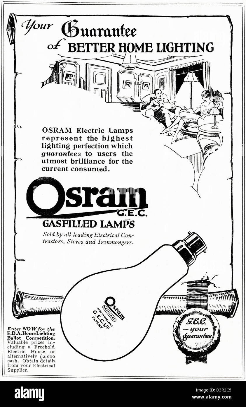 Original 1920er Jahre Vintage Printwerbung aus englischer Country Gentleman Zeitung Werbung Osram Gasfilled Lampen Glühbirnen durch G.E.C. Stockfoto