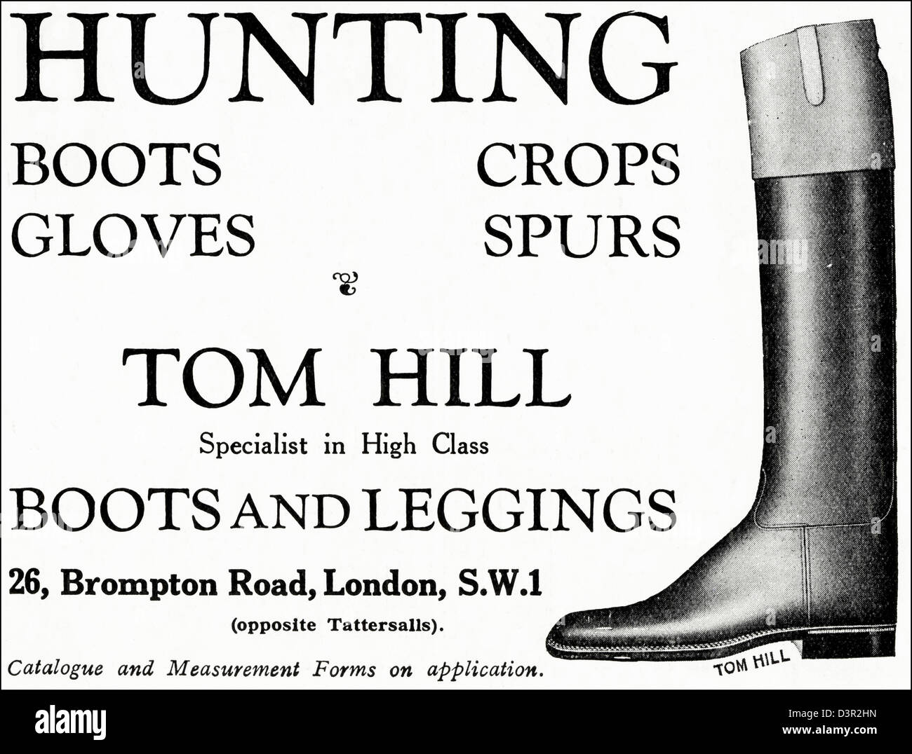 Original 1920er Jahre Vintage Printwerbung aus englischer Country Gentleman Zeitung Werbung Jagd Kleidung von Tom Hill der Brompton Road London Stockfoto