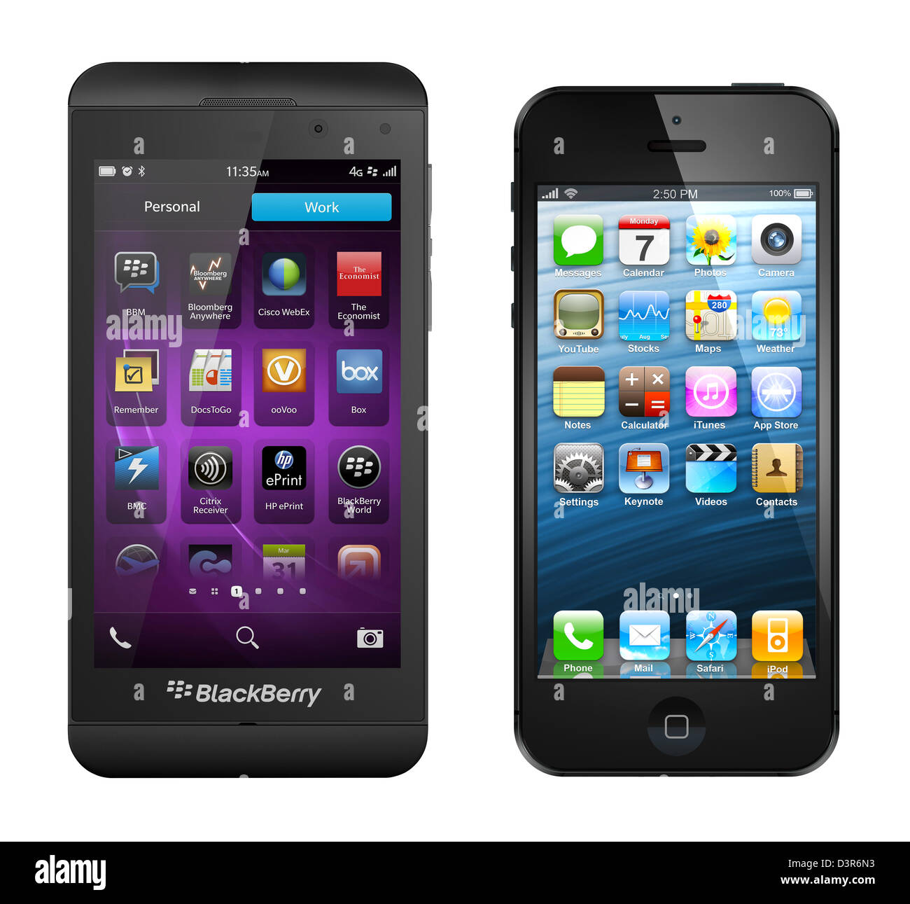 BlackBerry Z10, die auch das Telefon mit einem modernen Betriebssystem und iPhone 5 mit iSO am meisten fortgeschrittene Handy-Betriebssystem. Stockfoto