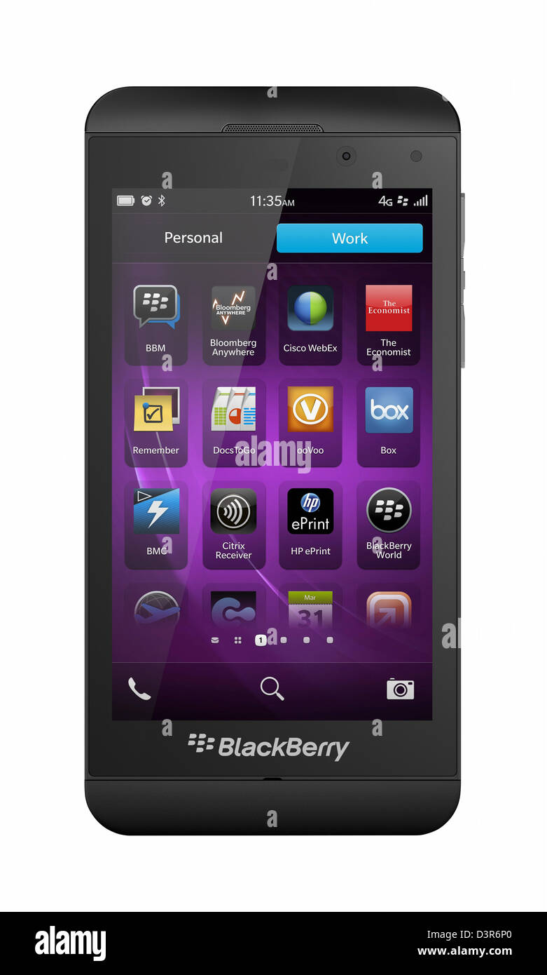 BlackBerry Z10, die auch das Telefon ist ein modernes Betriebssystem mit einem brandneuen Geste-basierte Schnittstelle und Unterstützung für Energie Stockfoto