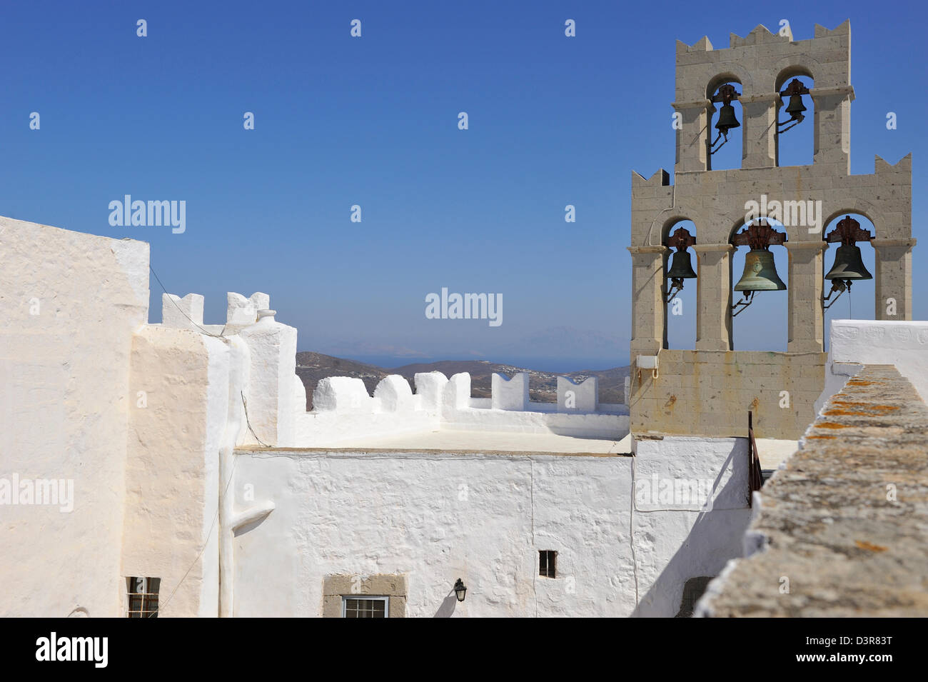 Dem Dach des St.Johannes Kloster in Hora; Pátmos, Dodekanes. Griechenland. Stockfoto