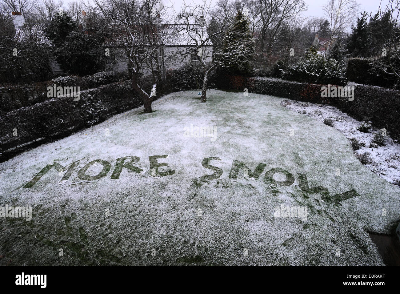 MEHR Schnee geschrieben im Schnee in einem Garten in North Yorkshire, england Stockfoto