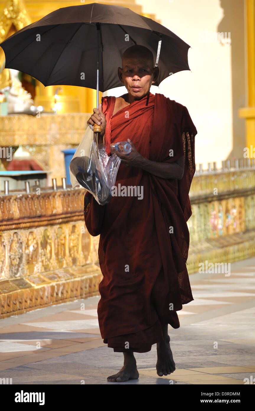 Buddhistischer Mönch mit Sonnenschirm Stockfoto
