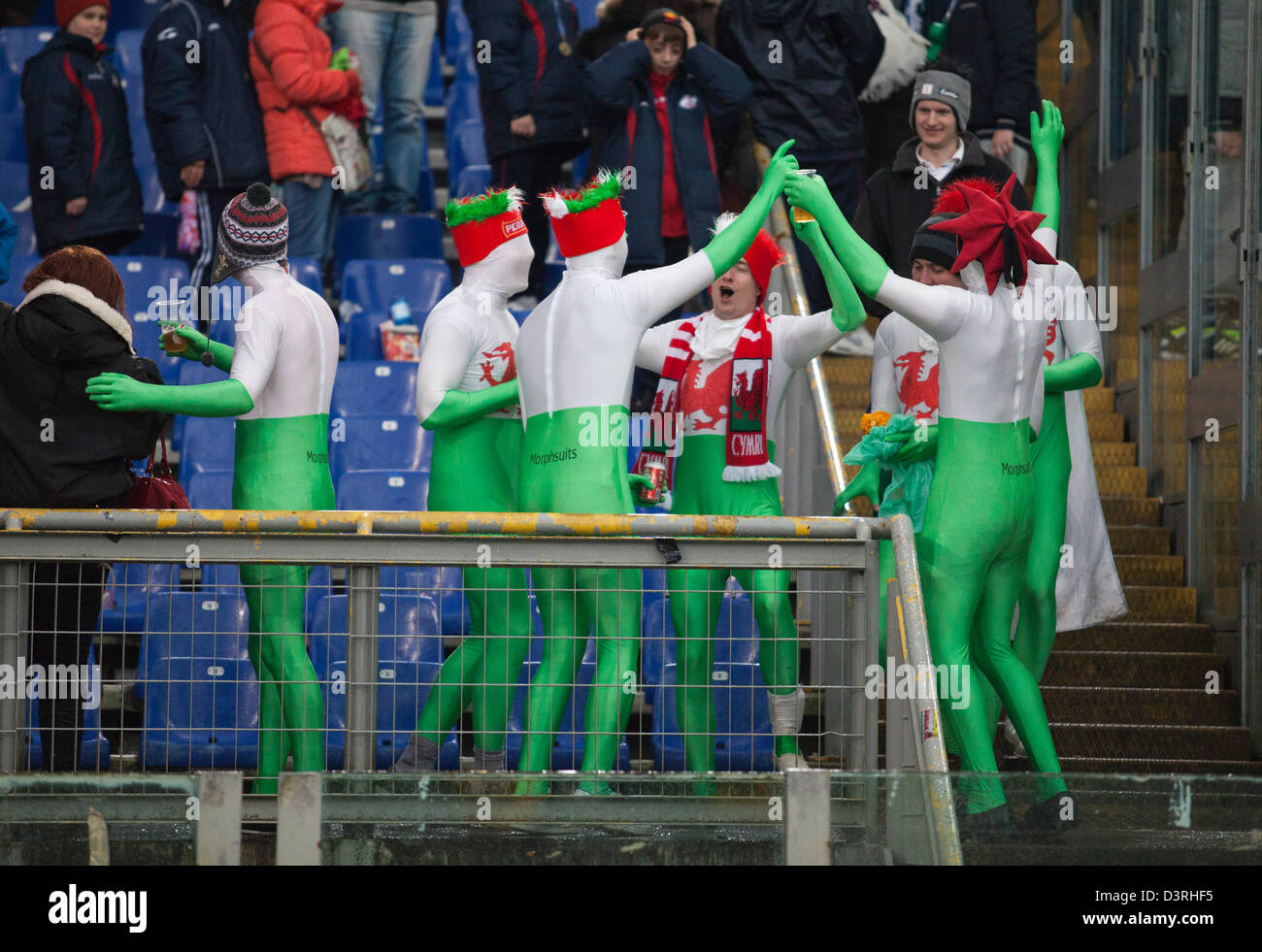 Walisischer Rugby-Fans feiern einen Wales Sieg auf dem Schlusspfiff Stockfoto