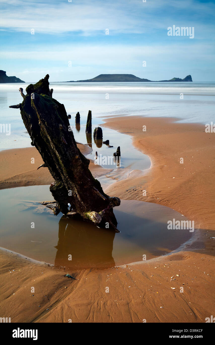 Helvetia Schiffswrack am Strand von Rhossili, Gower Halbinsel, Swansea, Südwest-Wales Stockfoto