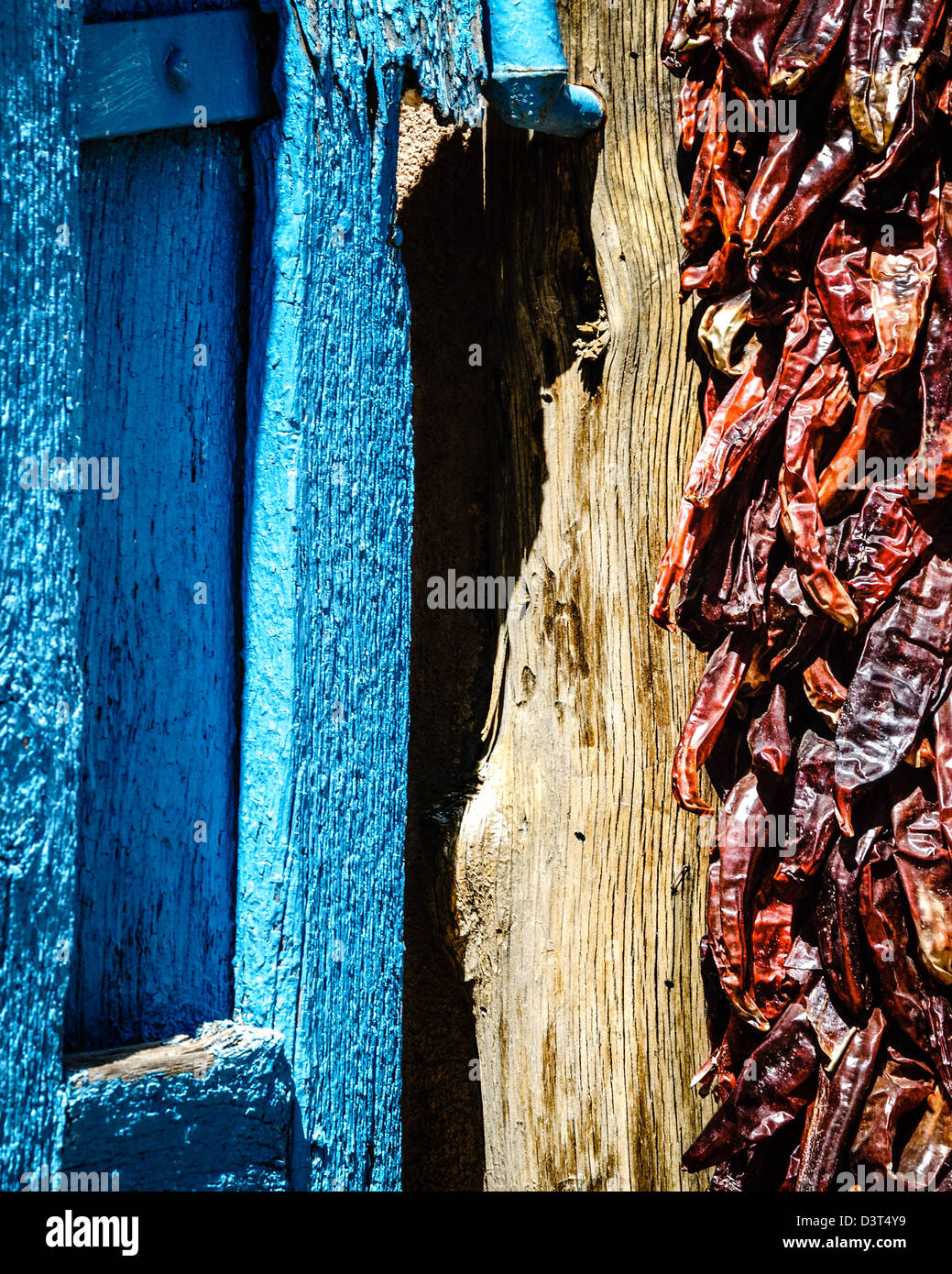 Türkise Tür und getrocknete Chilischoten, Taos, New Mexico Stockfoto