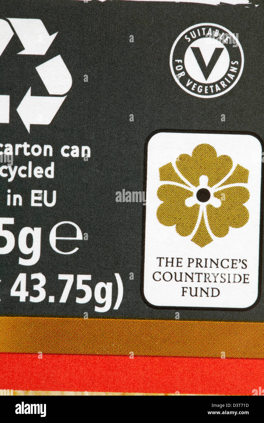 Der Prince's Countryside FUND und für Vegetarier geeignete Logo-Informationen auf der Packung mit Keksen Stockfoto