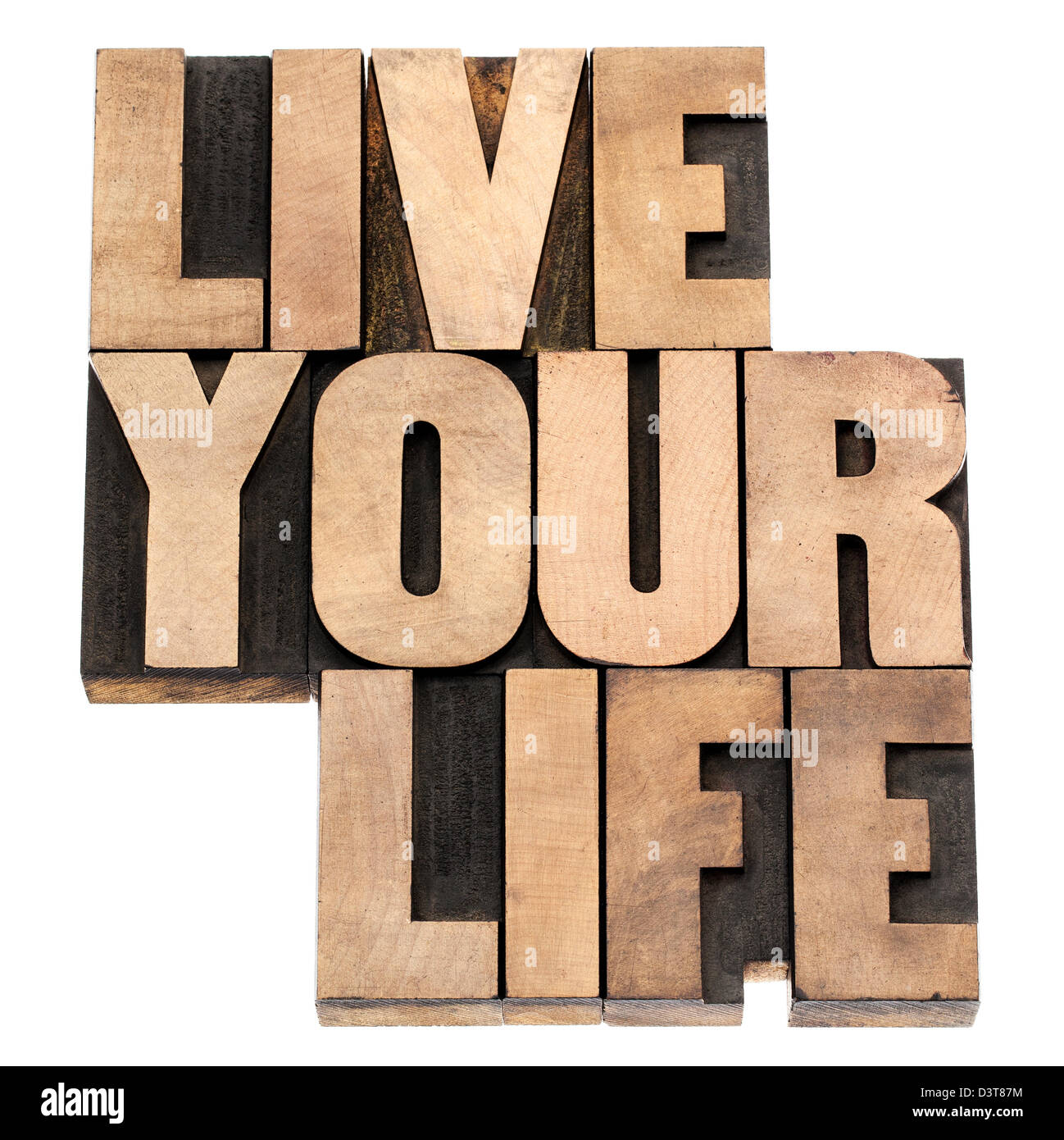 Leben Sie Ihr Leben-Satz - isolierten Text in Vintage Buchdruck Holzart Druckstöcke Stockfoto