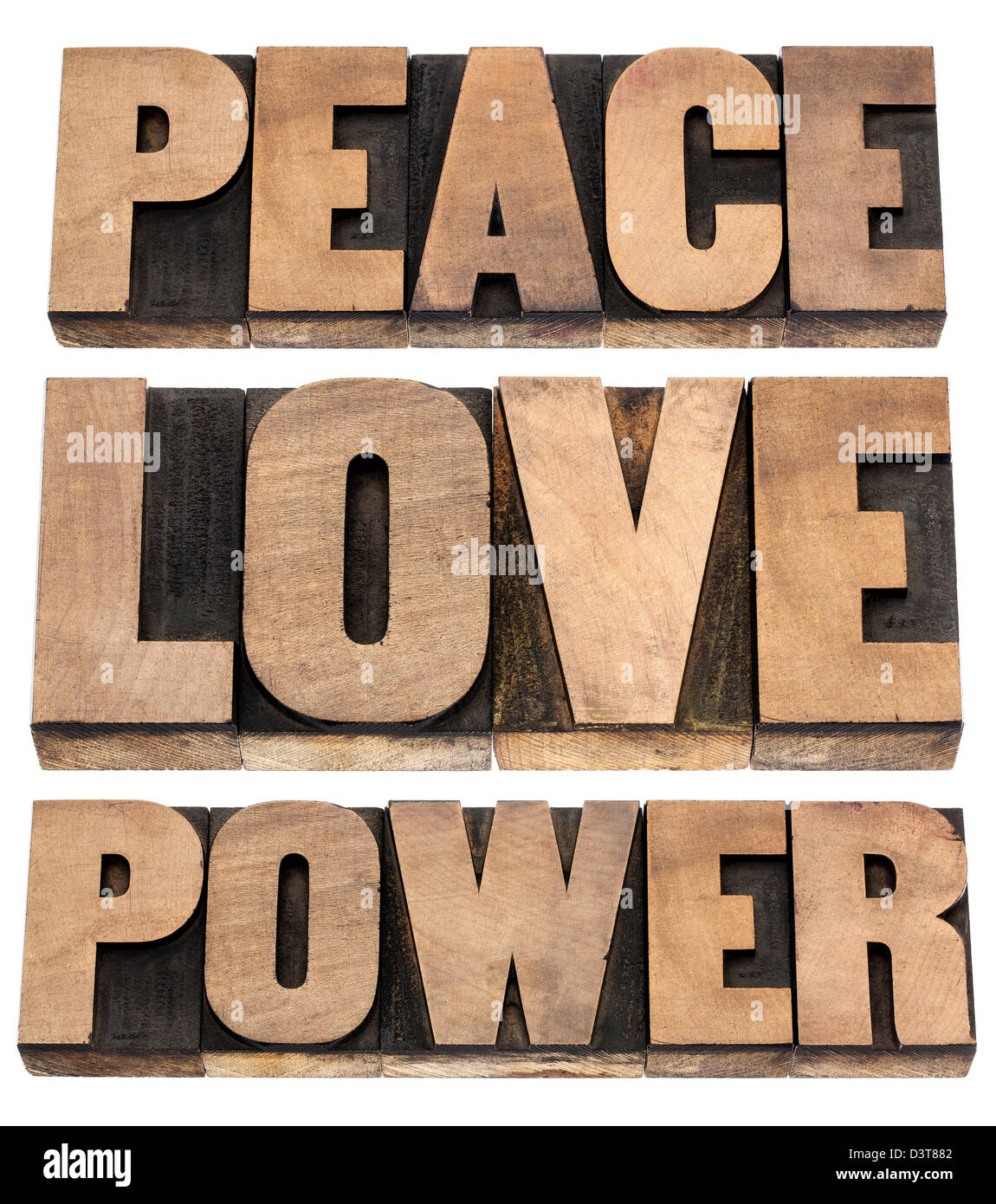Frieden, Liebe, macht Worte - isolierten Text in Vintage Buchdruck Holzart Druckstöcke Stockfoto