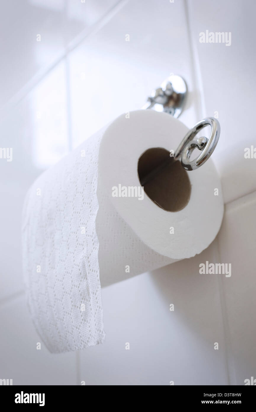 Toilettenpapier und Toilettenpapier auf Halter in einem weiß gefliesten Badezimmer Stockfoto