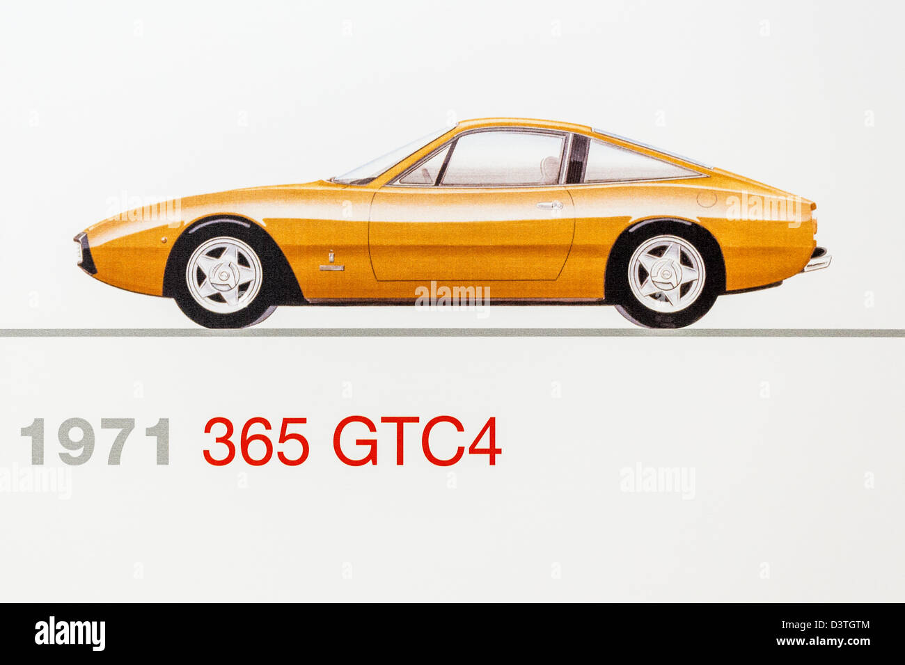 Grafische Darstellung einer 1971 Ferrari 365 GTC4, Museum Ferrari, Maranello, Italien Stockfoto