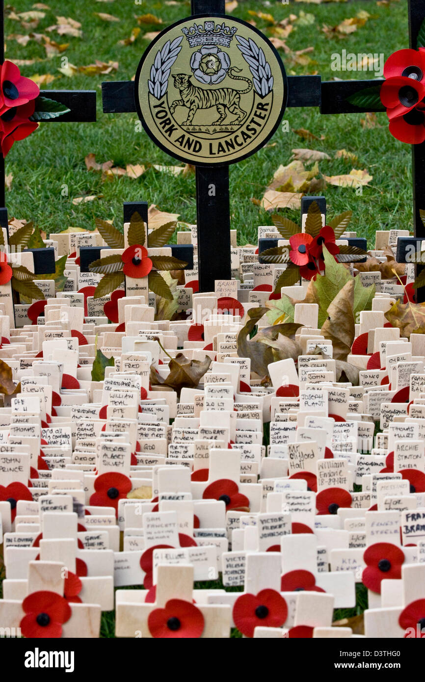 Bereich der Erinnerung an Kreuze und Mohn für britische Soldaten von York und Lancaster Regiment Westminster Abbey-London England Stockfoto