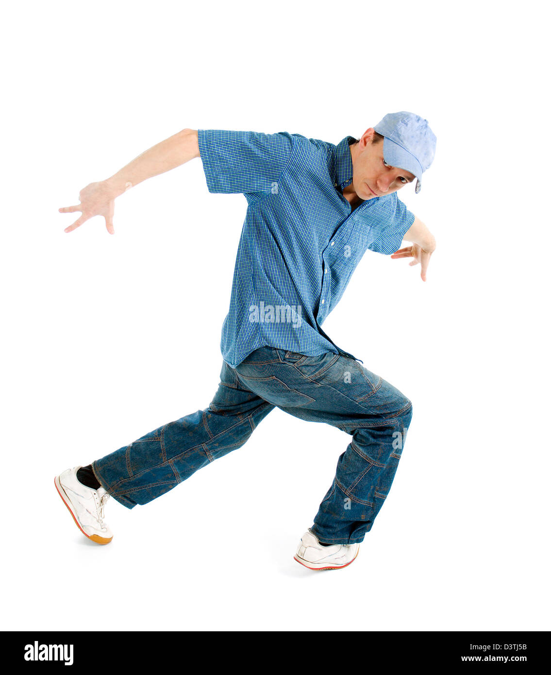 coole hip Hop Style Tänzer posiert auf weißen Zeitmessung Stockfoto
