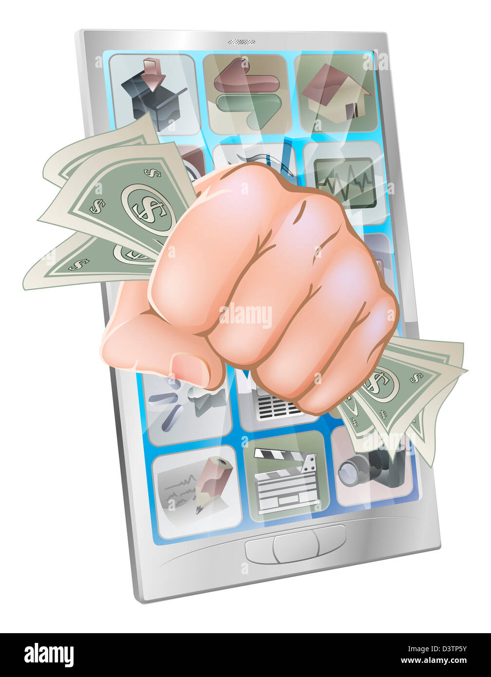 Ein Beispiel für ein Mobiltelefon mit einer Faust voll mit Geld aus dem Bildschirm heraus zerschlagen Stockfoto