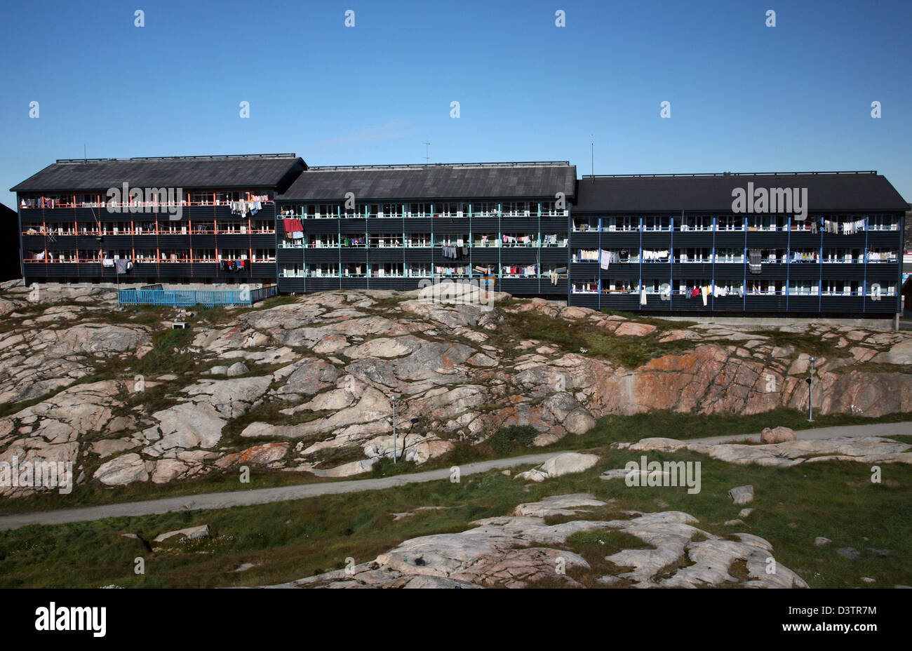 Blick auf drei Rates Häuser in Ilulissat, Grönland, 13. August 2006. Foto: Hinrich Baesemann Stockfoto