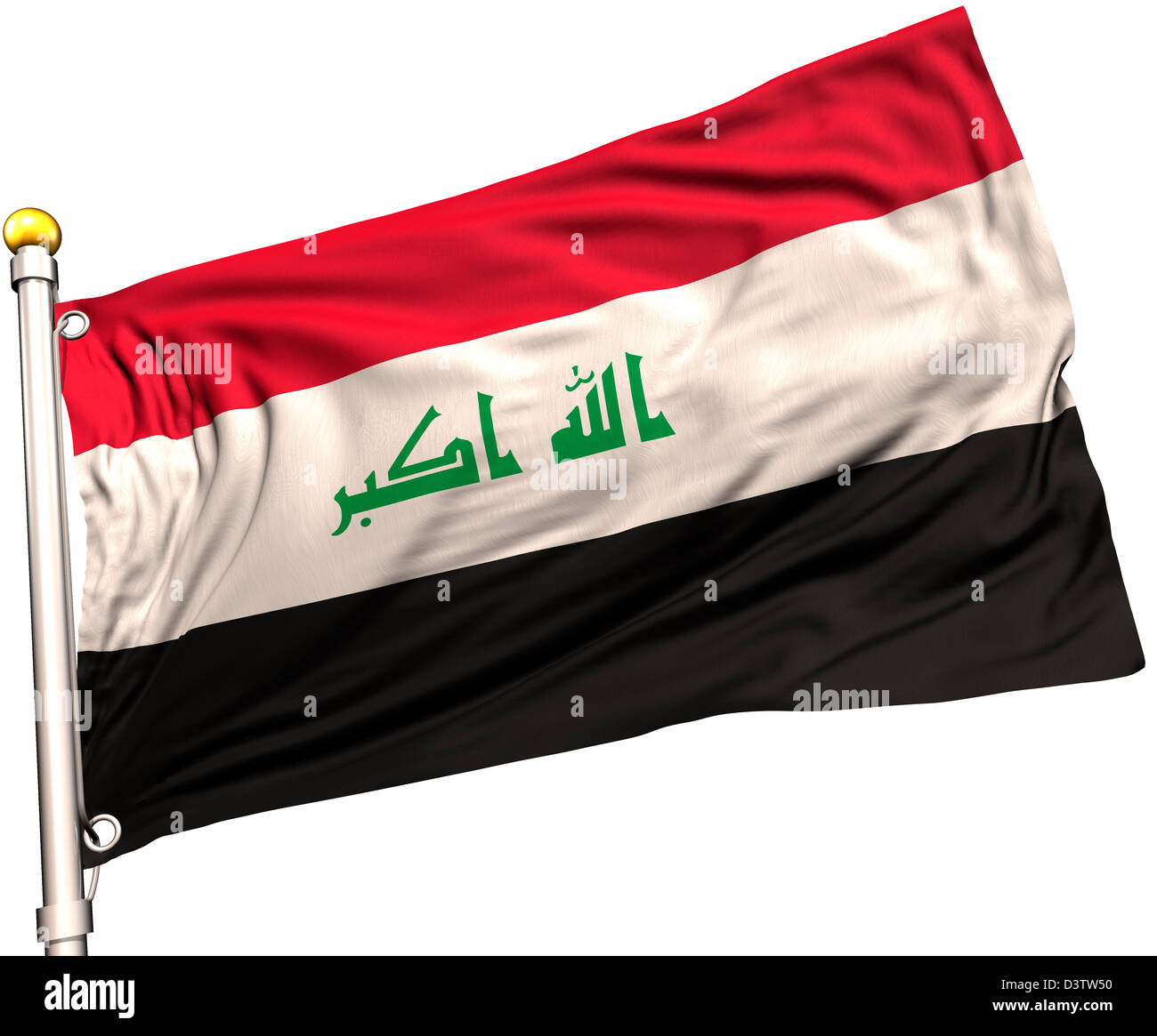 Irak-Flagge auf eine Fahnenstange. Clipping-Pfad enthalten. Sichtbar auf die Flagge 100 % Seide Textur. Stockfoto