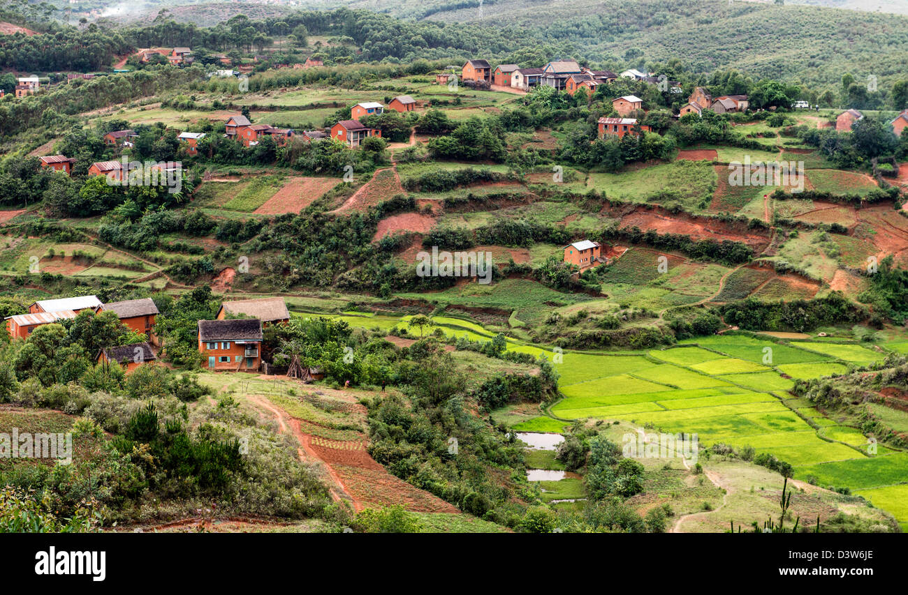 Häuser-Hochland-Madagaskar-Afrika Stockfoto