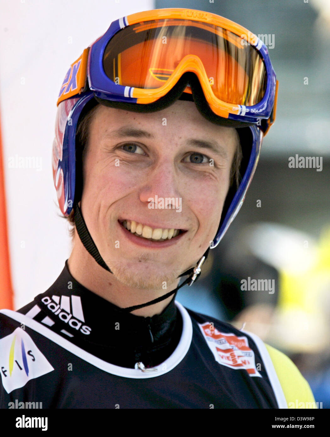 Deutscher Skispringer Stephan Hocke freut sich über seinen Sprung am  Schattenberg Sprung von Oberstdorf, Deutschland, Freitag, 26. Januar 2007.  Wegen des Mangels an Schnee soll der Skiflug-zu zwei Sprünge auf der  Schanze.