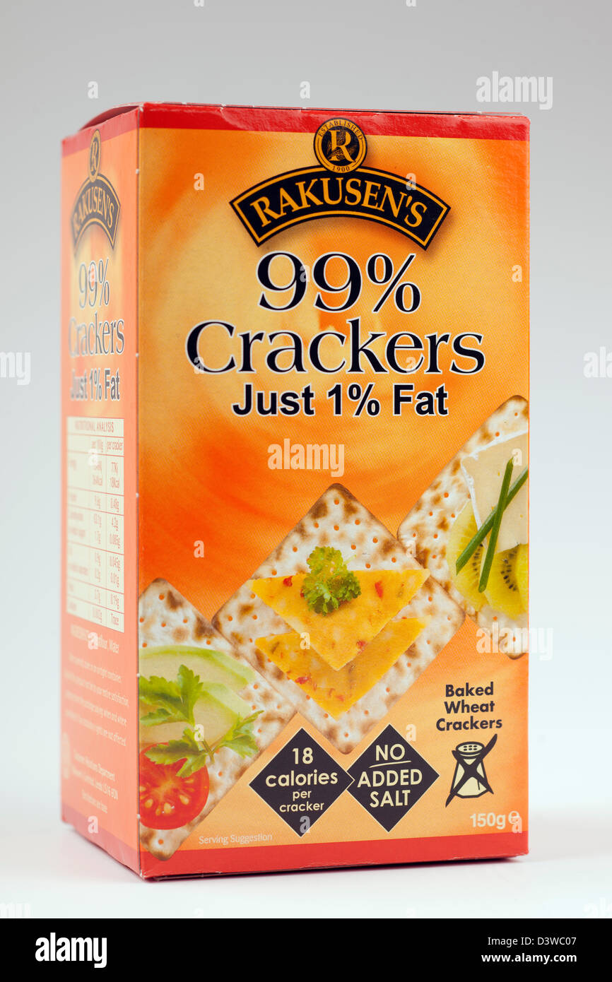 150-Gramm-Box von Rakusens 99 % Prozent Weizen Cracker 1 Prozent Fett gebacken, ohne Zusatz von Salz und 18 Kalorien Stockfoto