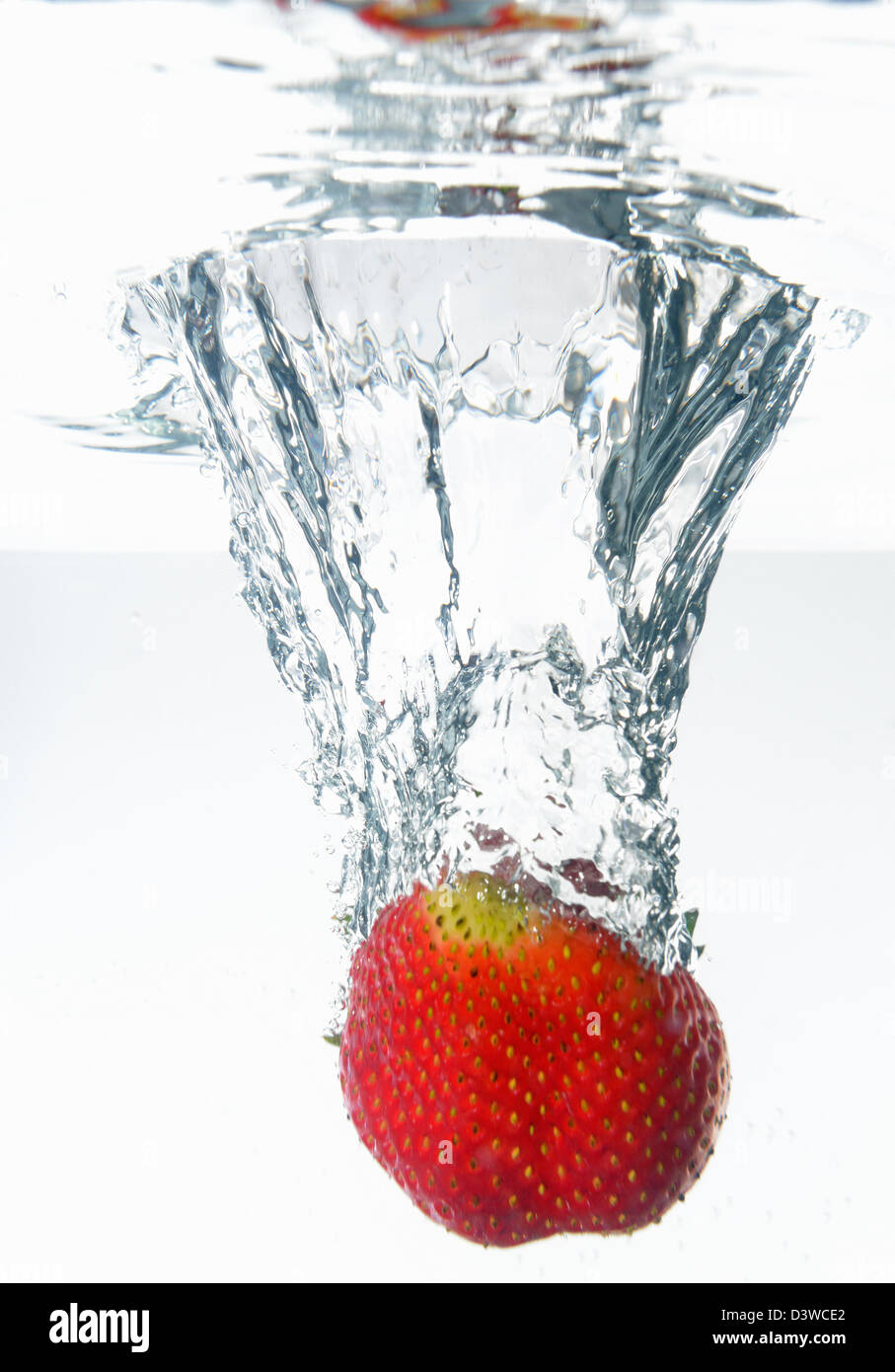 Eine Erdbeere Frucht plätschernden Unterwasser, weißer Hintergrund, studio Stockfoto