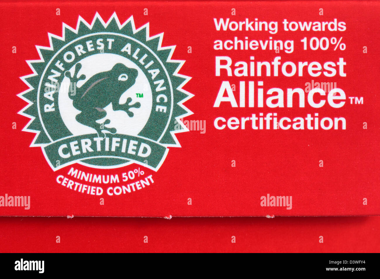 Rainforest Alliance Logo Arbeiten zur Erreichung von 100 % Rainforest Alliance-Zertifizierung Stockfoto