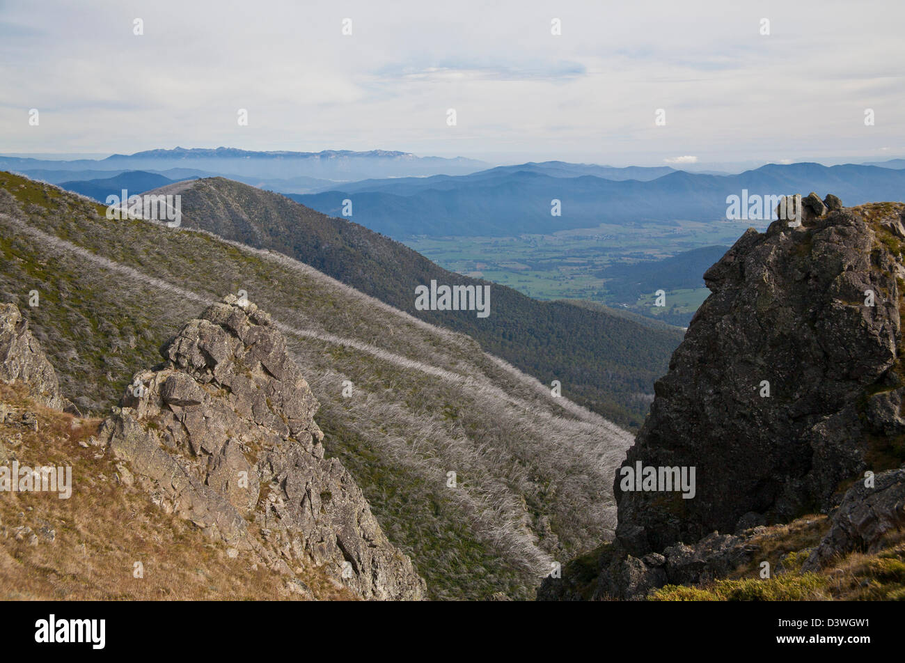 Blick über das Tal Kiewa nach Mt Buffalo aus Mt Bogong. Stockfoto