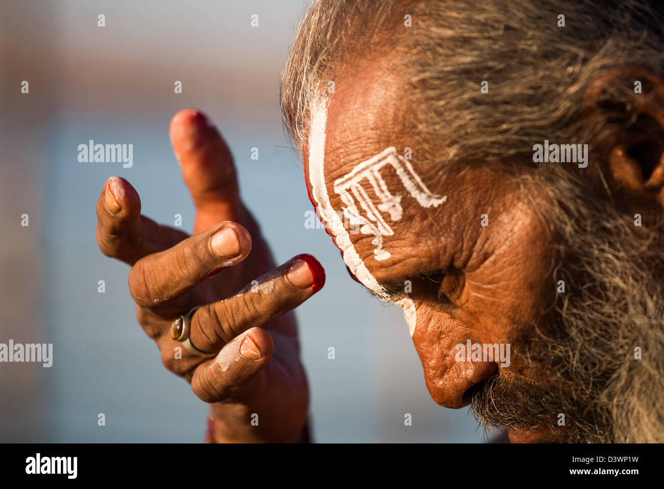 Sadhu Malerei sein Gesicht mit dem Wort Gottes auf der Stirn die Kumbh Mela, Allahabad, Indien Stockfoto