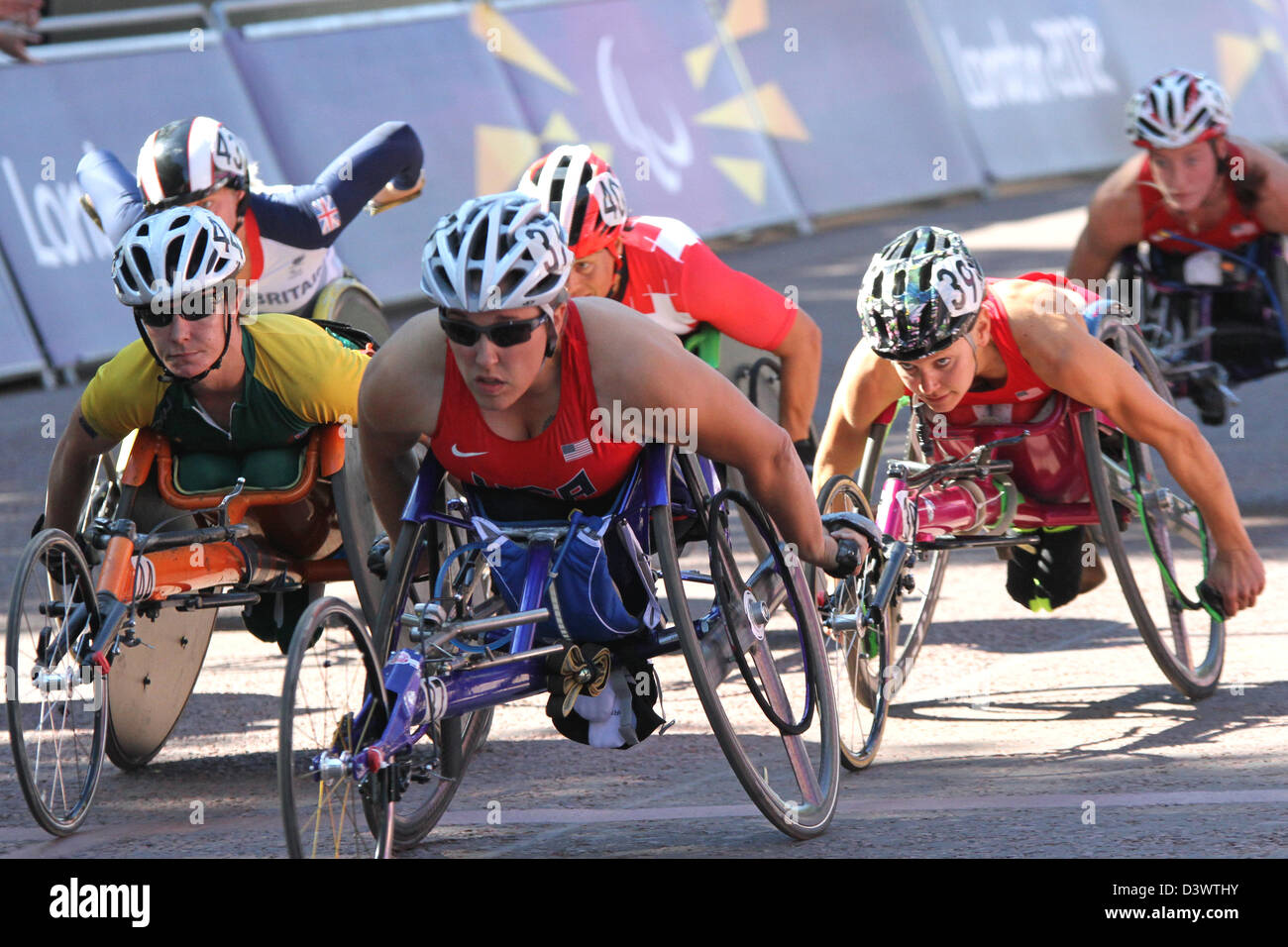 Christie Dawes von Australien, Christina Schwab USA, Susannah Scaroni von Staaten in Womens T54 Rollstuhl-marathon Stockfoto