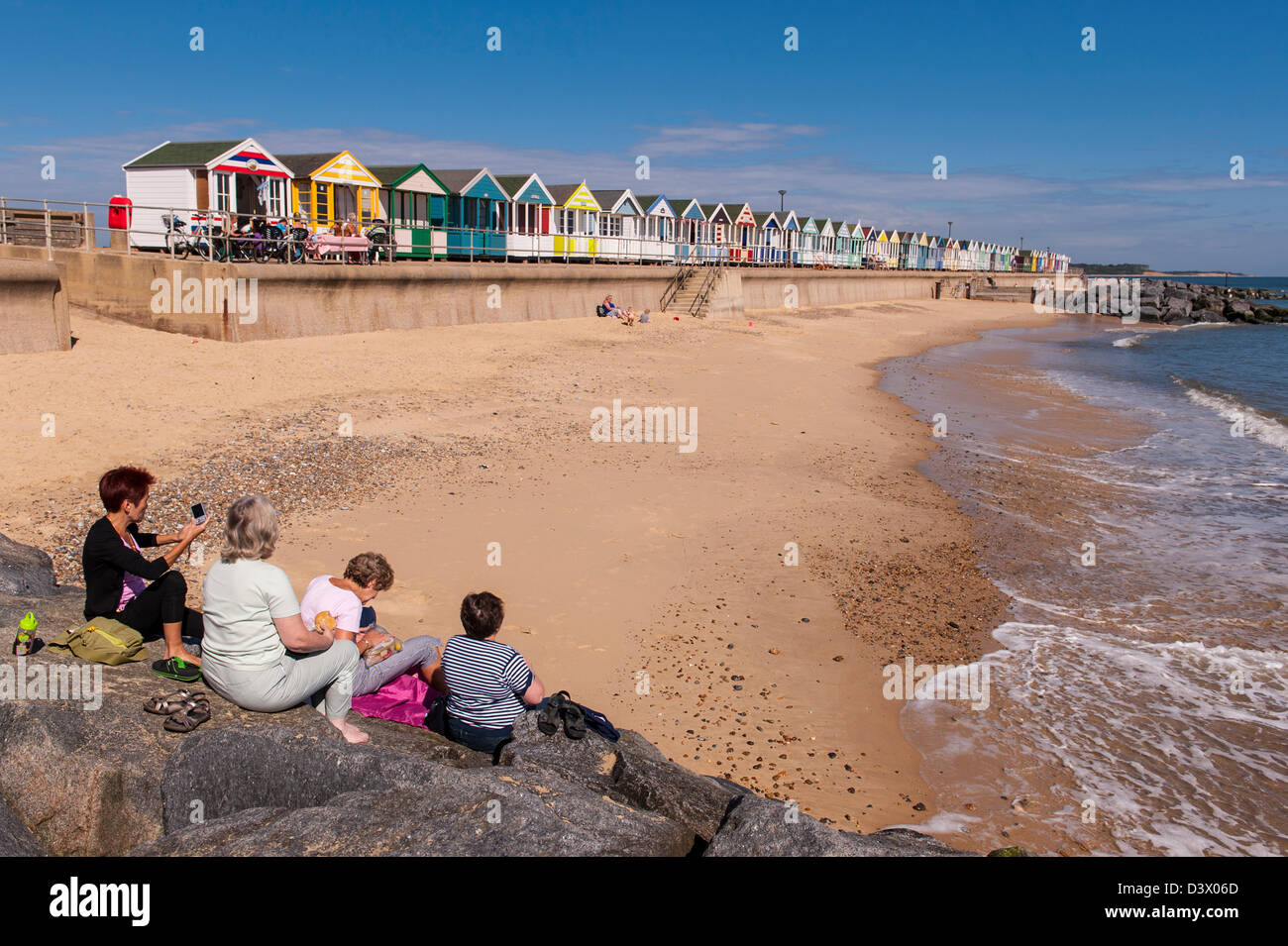 Strand mit Strandhütten in Southwold, Suffolk, England, Großbritannien, Uk Stockfoto