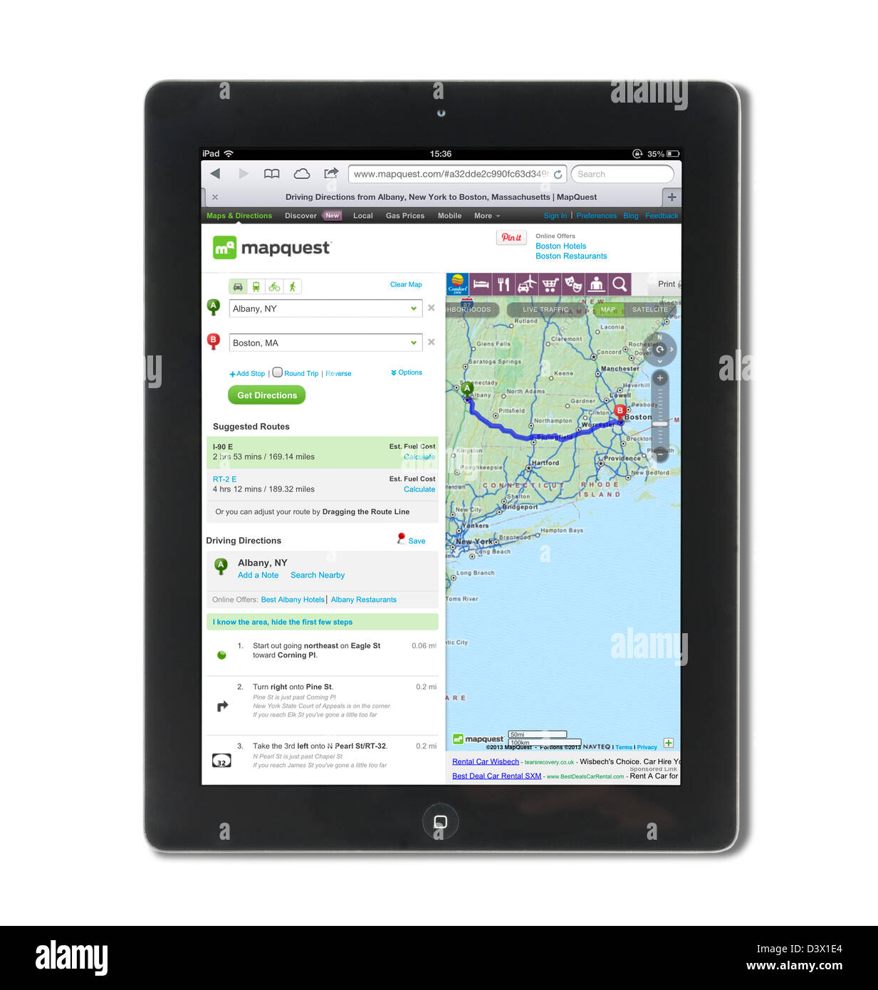Mit Mapquest Routenplanung von Albany nach Boston, betrachtet auf dem iPad eine 4. generation Stockfoto
