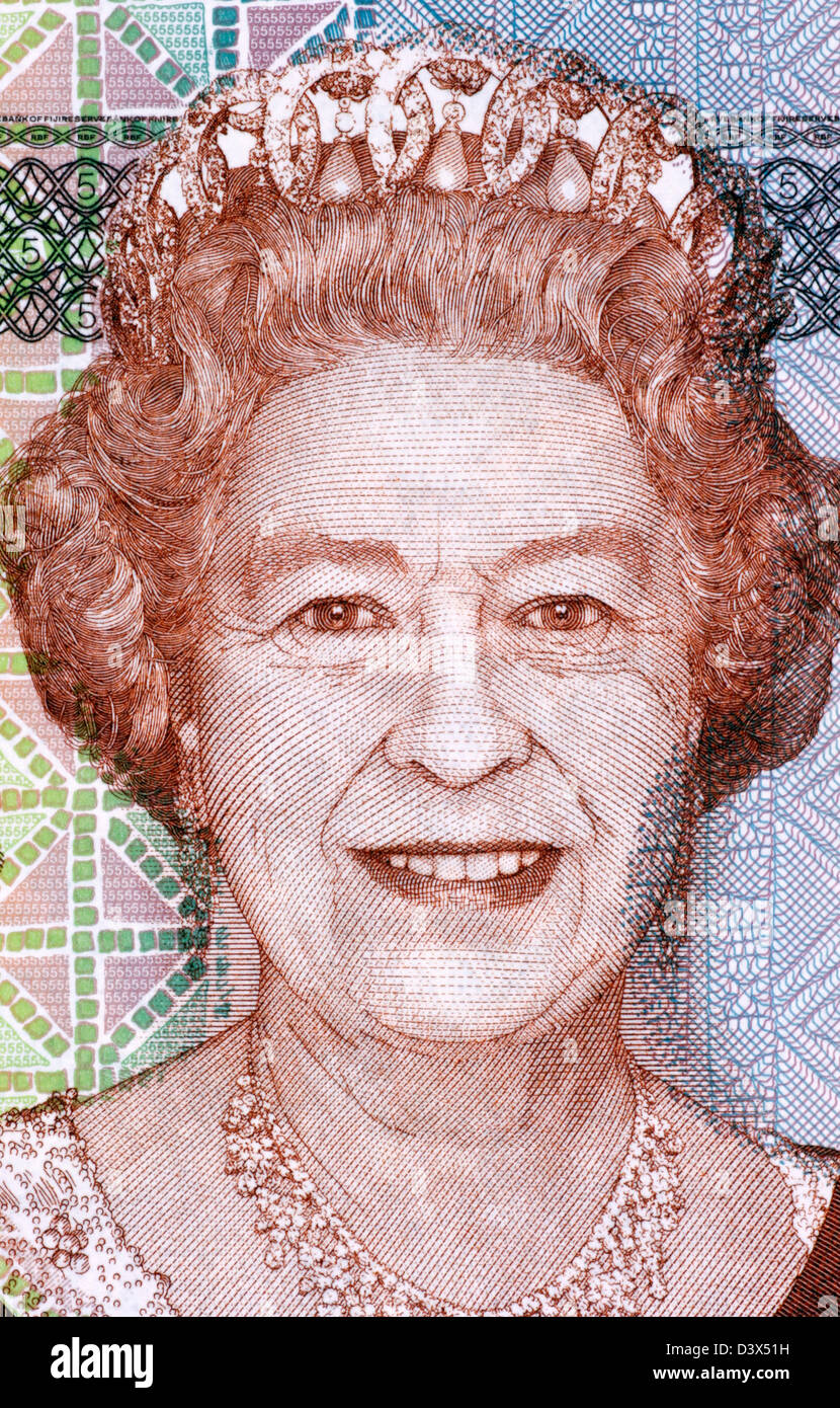 Elizabeth II (geb. 1926) auf 5 Dollar 2011 Banknote von Fidschi. Königin des Vereinigten Königreichs. Stockfoto