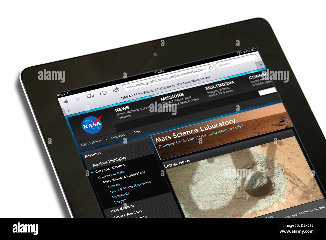 Die Neugier Rover Mars Science Laboratory-Seite auf der offiziellen NASA-Website, auf dem iPad eine 4. Generation betrachtet Stockfoto