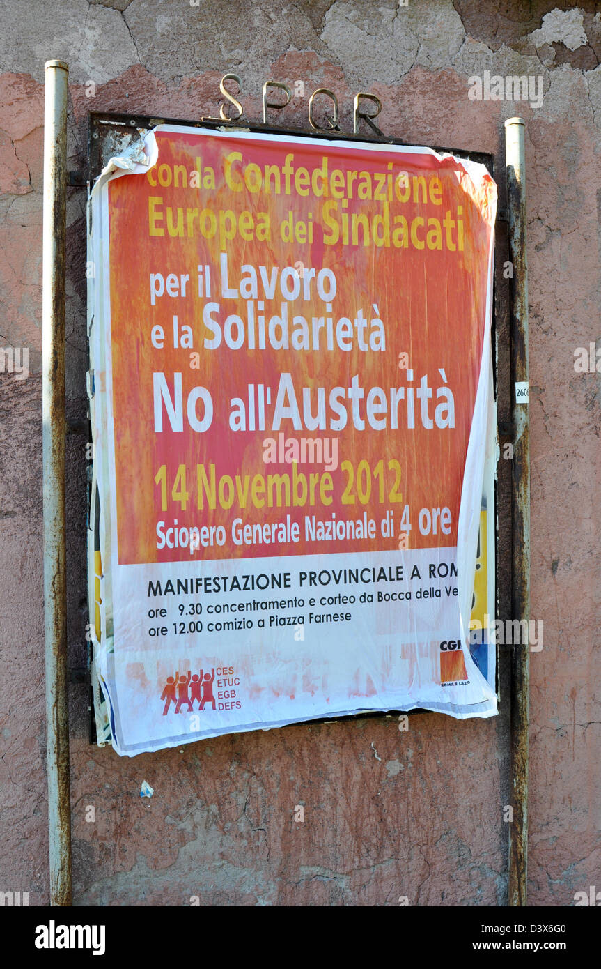 Kundgebung gegen Sparmaßnahmen Plakat, Rom, Italien 19.11.12 Stockfoto