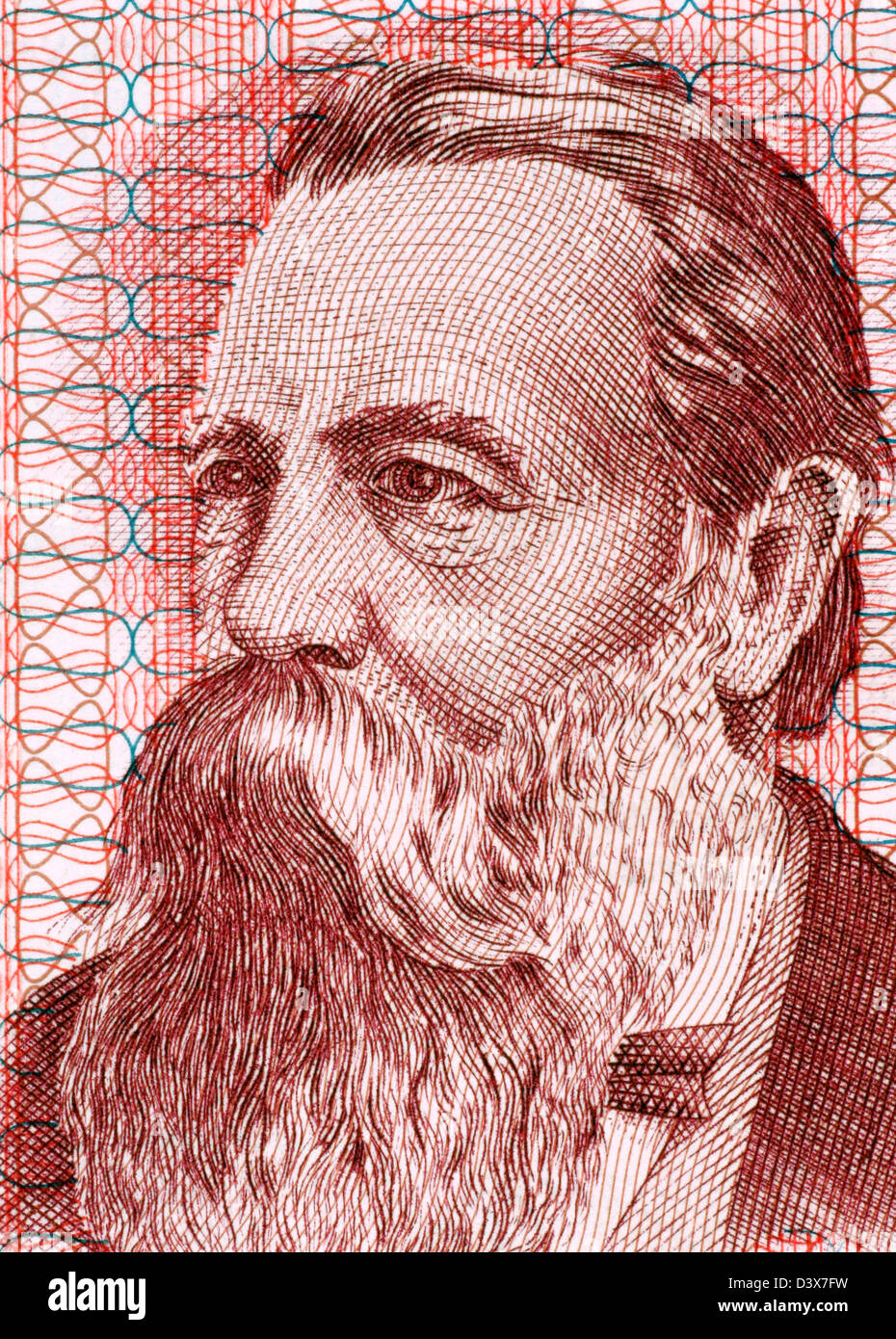 Friedrich Engels (1820-1895) auf 50 Mark 1951 Banknote aus der DDR. Stockfoto