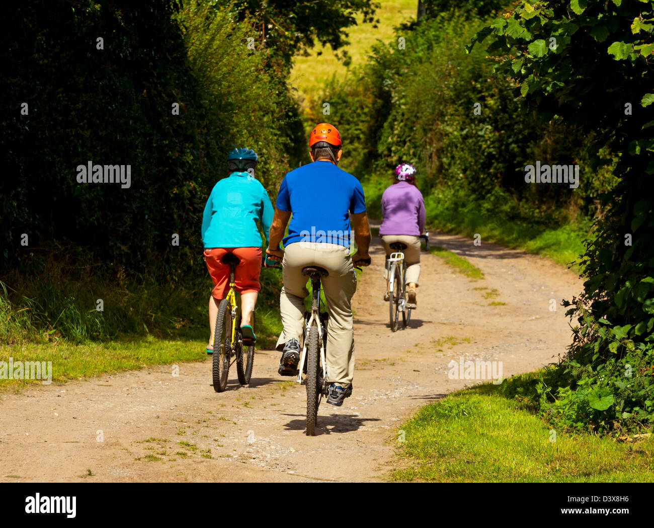 Zwei Frauen und ein Mann, Radfahren auf einem Feldweg im Sommer in der Nähe von Bridgnorth Shropshire England UK Stockfoto