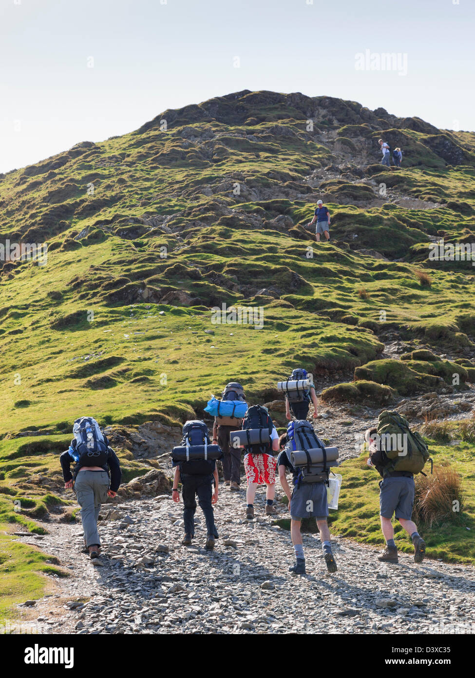 Gruppe von Jugendlichen auf DofE Preisentwurf Rucksack bergauf mit schweren Rucksäcken auf Weg Catbells Berg in Lake District England UK Großbritannien Stockfoto
