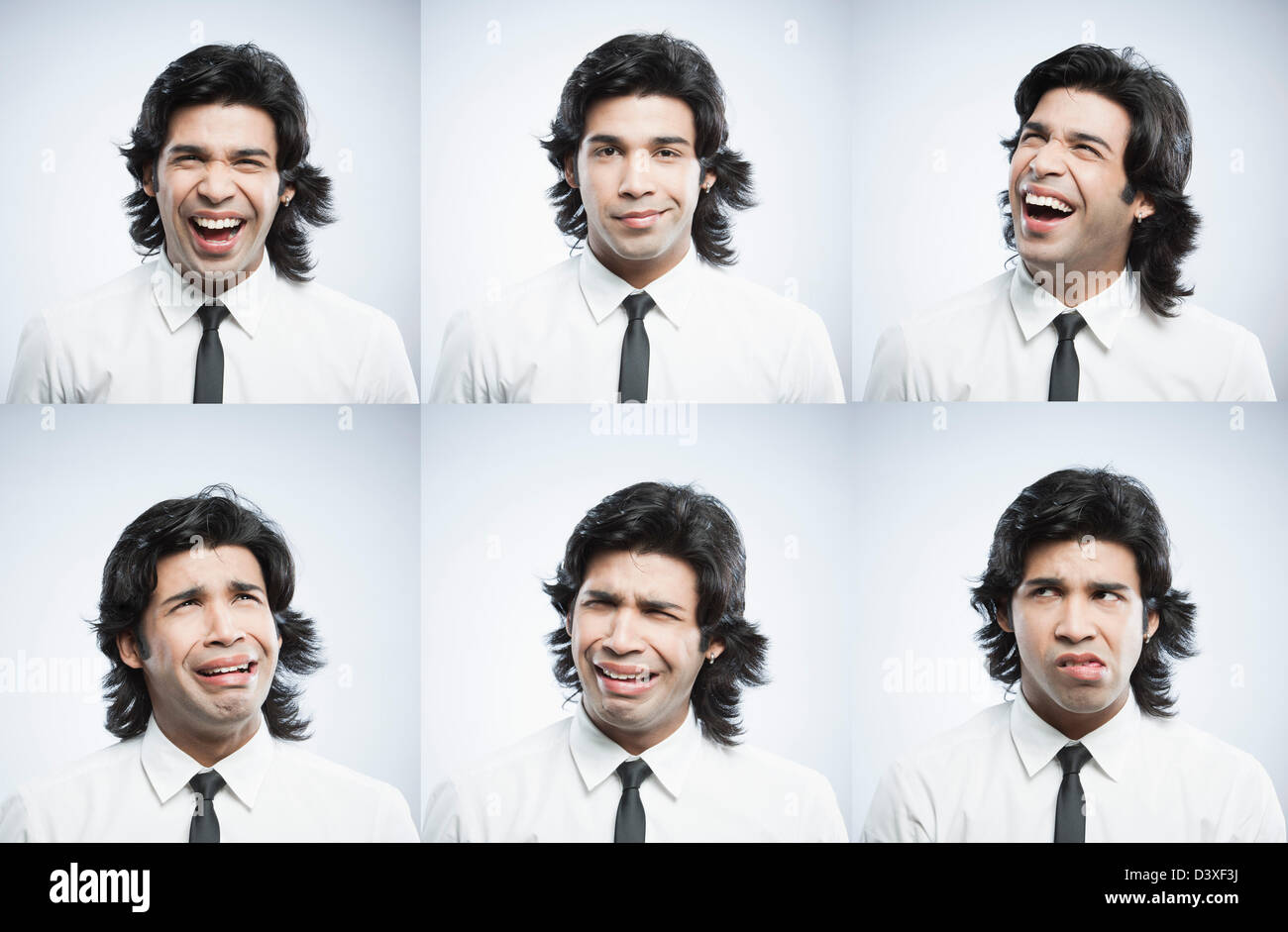 Mehrere Bilder eines Geschäftsmannes mit unterschiedlichen Gesichtsausdrücken Stockfoto
