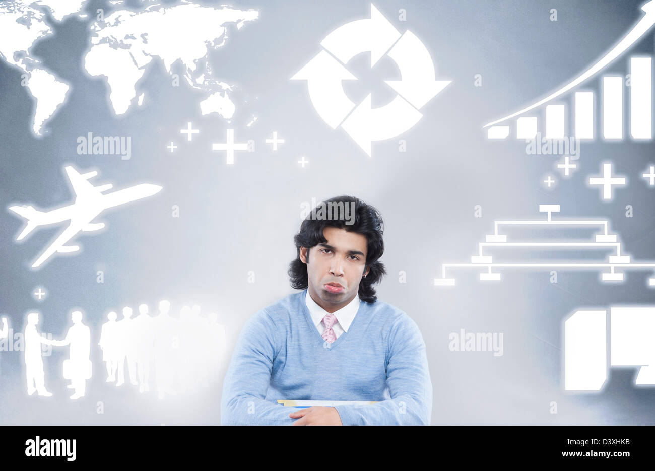 Geschäftsmann schmollende sitzen vor einem Hintergrund von verschiedenen Business icons Stockfoto