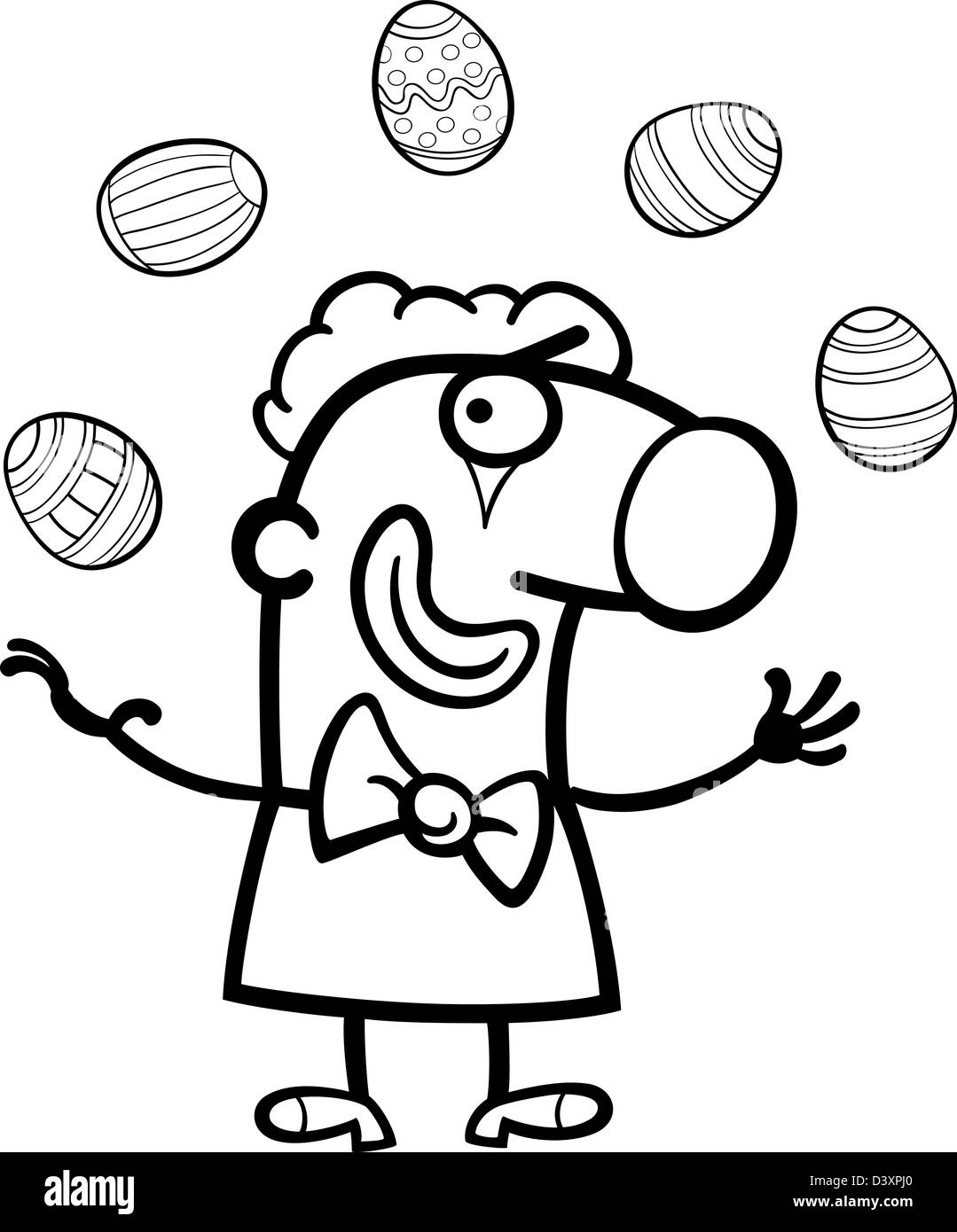 Schwarz und weiß Cartoon Illustration der lustige Mann im Clownskostüm jonglieren Ostereier für Coloring Book Stockfoto