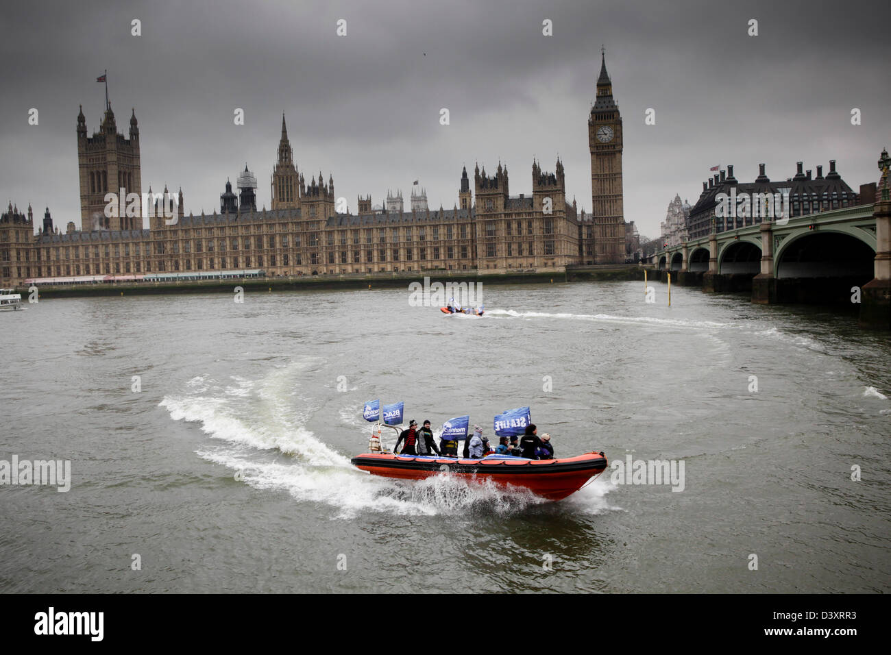 BSAC Taucher in Booten kurz vor der Marine Conservation Society marschieren, um die Notwendigkeit der Marine Conservation Zonen markieren. Westminster. London. Vereinigtes Königreich. Stockfoto