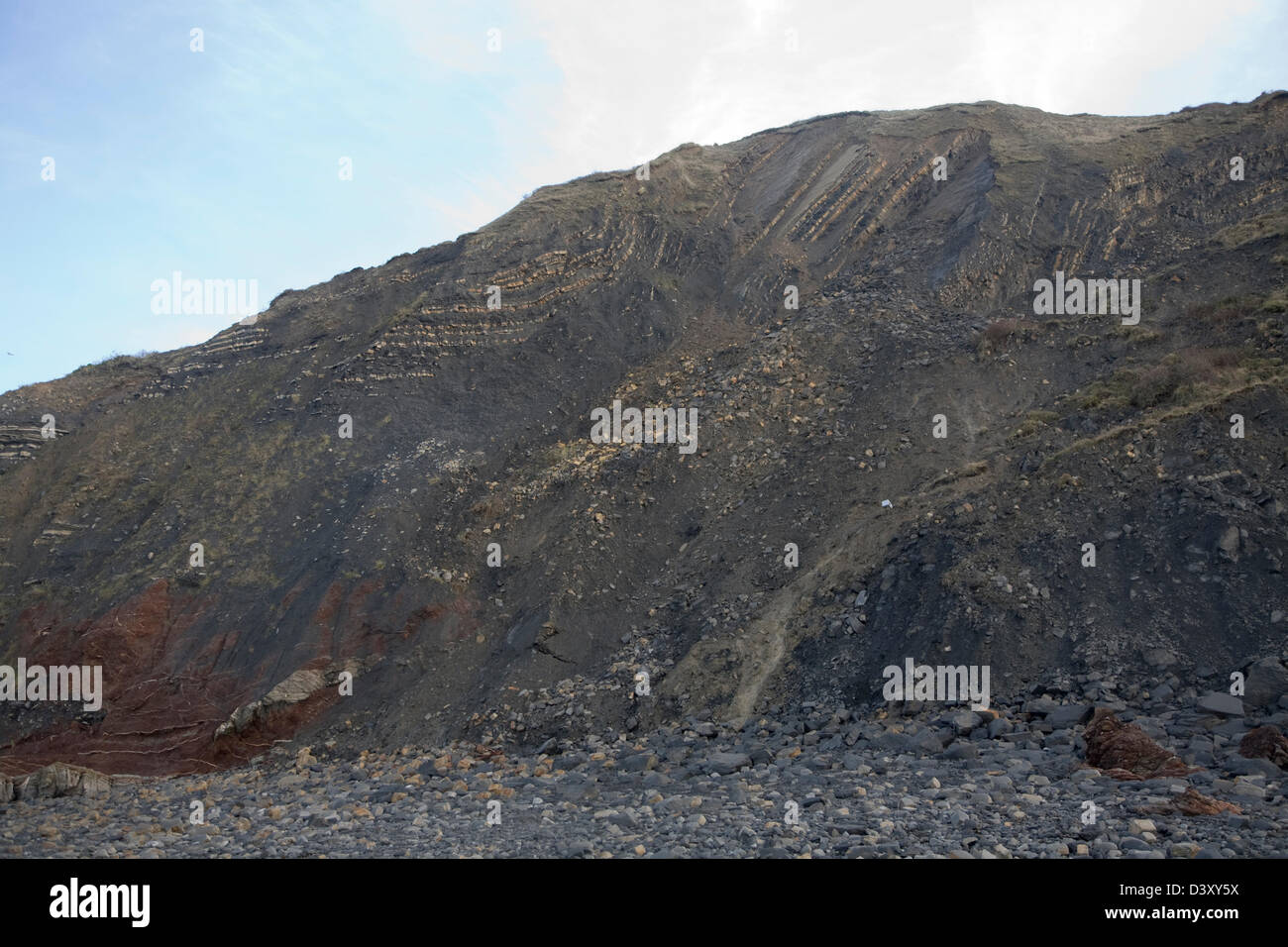 Unteren Lias Felsen in einer Struktur Antiklinale gefaltet Watchet, Somerset, England Stockfoto