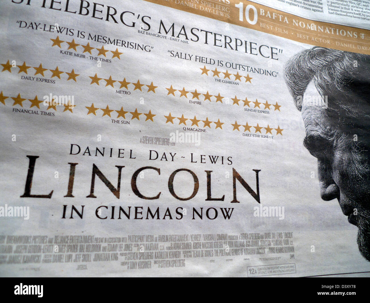 Zeitungsanzeige für den besten Schauspieler 2013 Daniel Day-Lewis Film Lincoln unter der Regie von Steven Spielberg Stockfoto