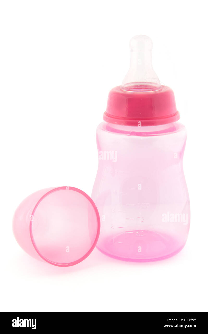 Rosa Babys Flasche auf weißem Hintergrund Stockfoto