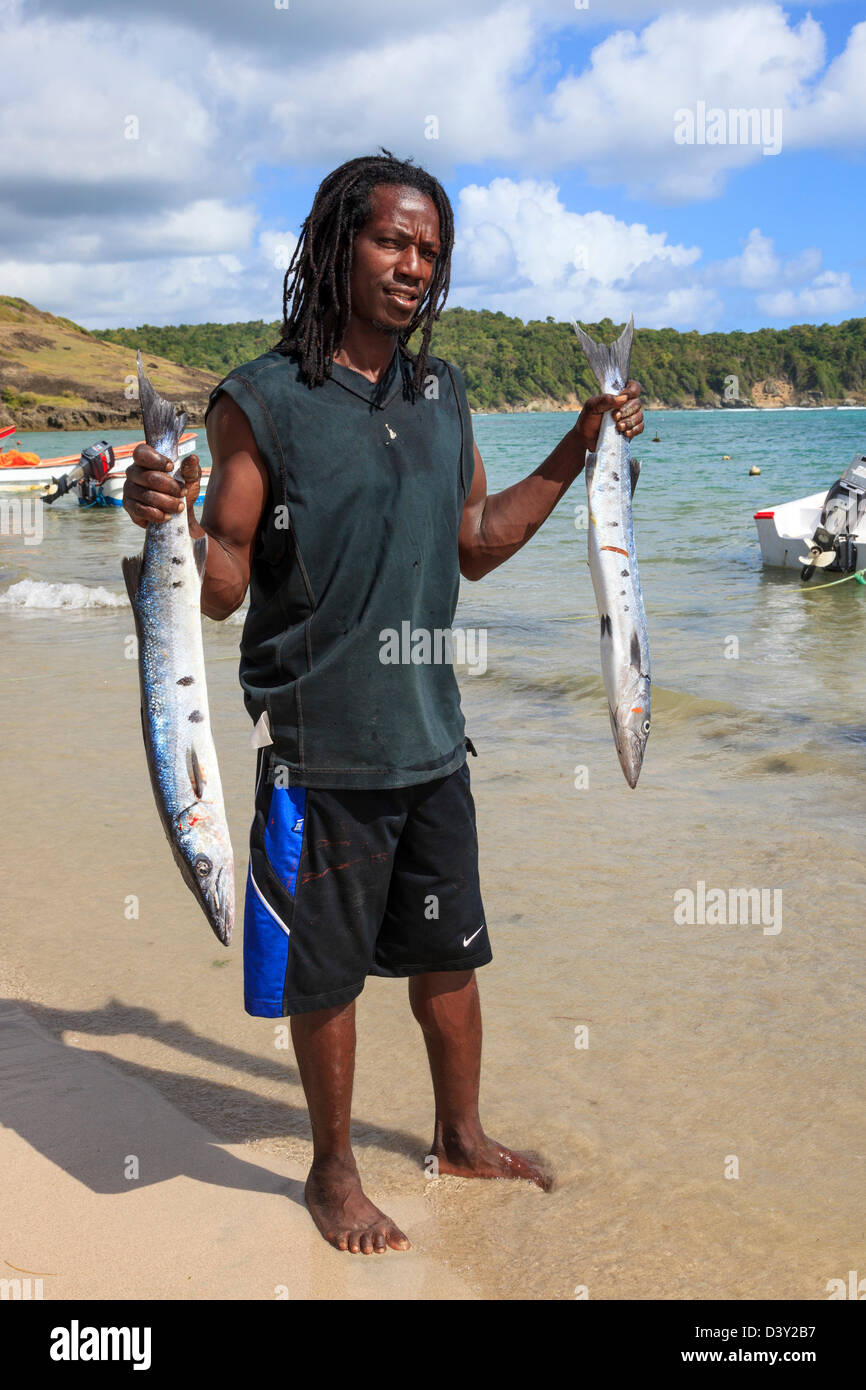 Lokale Fischer mit Fisch aus einem frischen Fang an Savannes Bay, St. Lucia Stockfoto