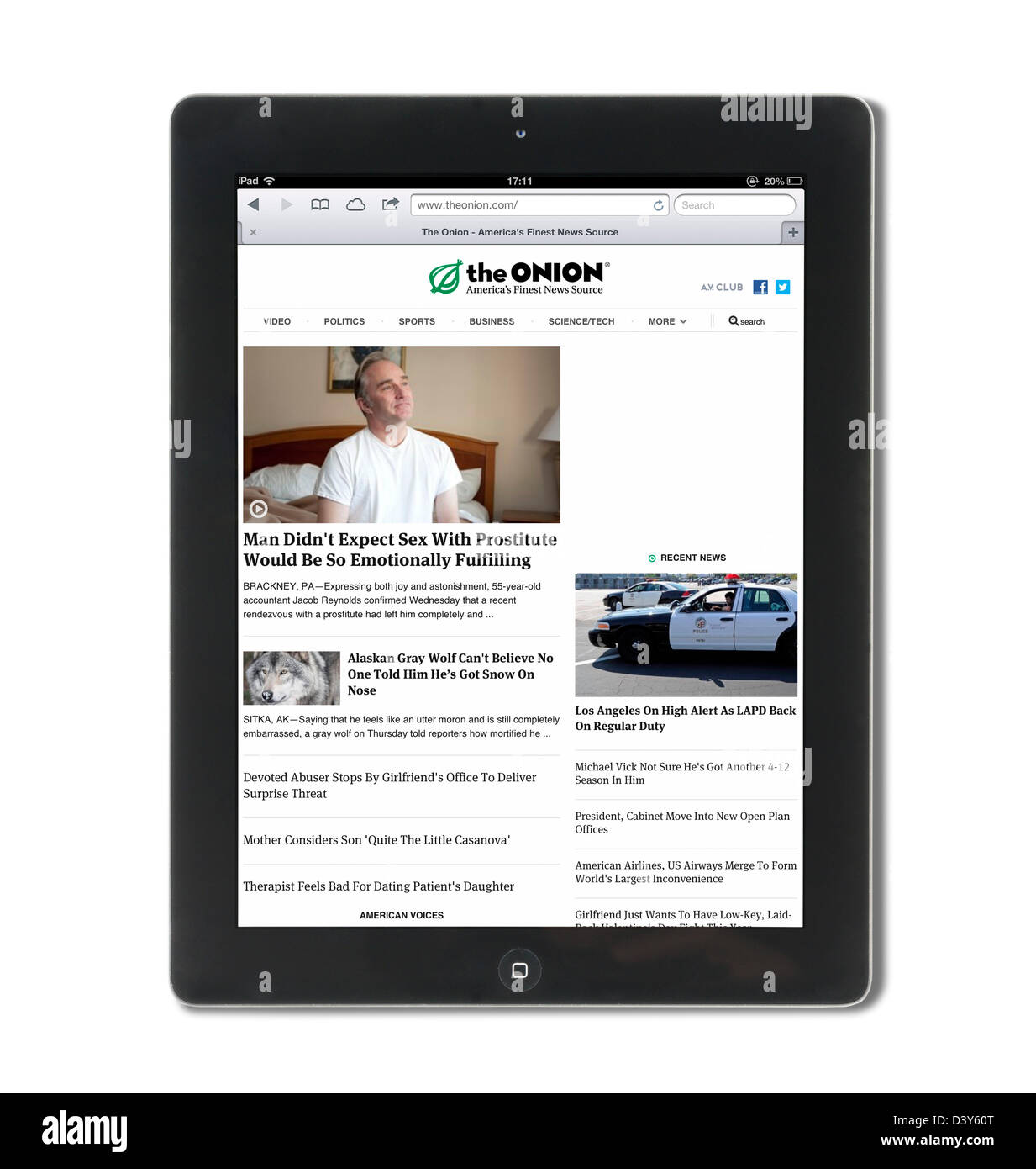Die satirische Website, The Onion, betrachtet auf eine 4. Generation Apple iPad, USA Stockfoto