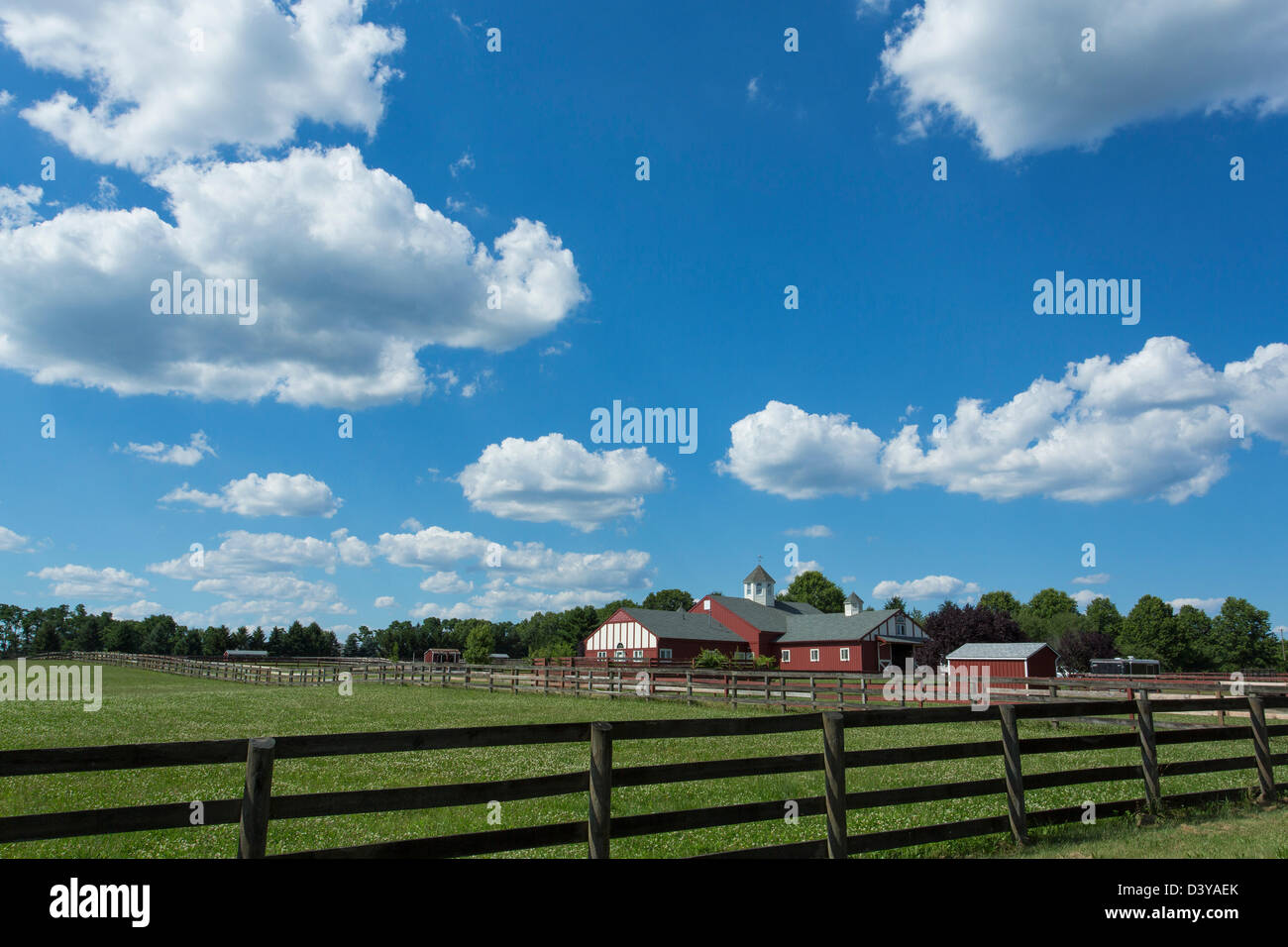 Bauernhaus mit einer großen Wiese Stockfoto