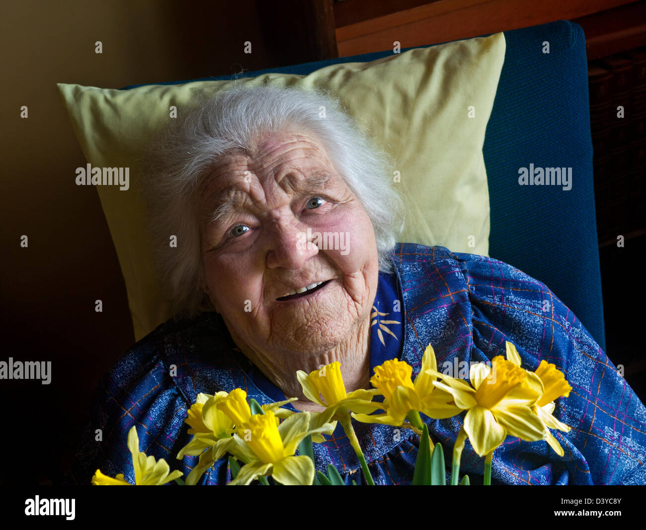 ÄLTERE DAME BLUMEN PFLEGE zufrieden glücklich lächelnd unabhängige 99 Jahre alte ältere Dame sitzt im Zimmer mit einer Besucherpräsentation von Narzissen Blumen Stockfoto