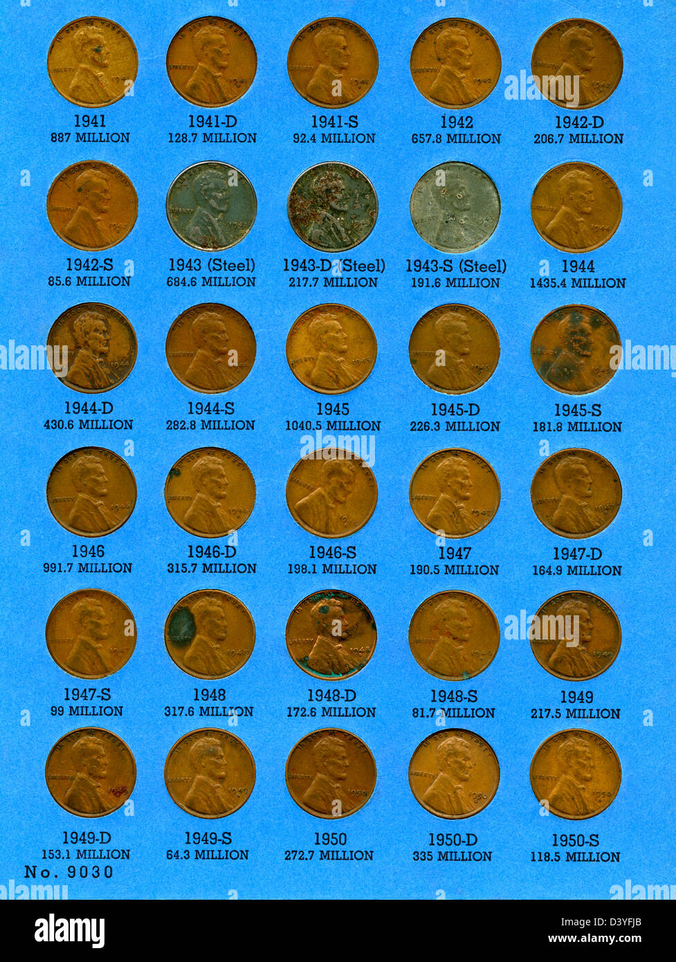 Eine Seite aus einem Whitman Publishing Company Lincoln Kopf Cent-Münze-Ordner. Stockfoto
