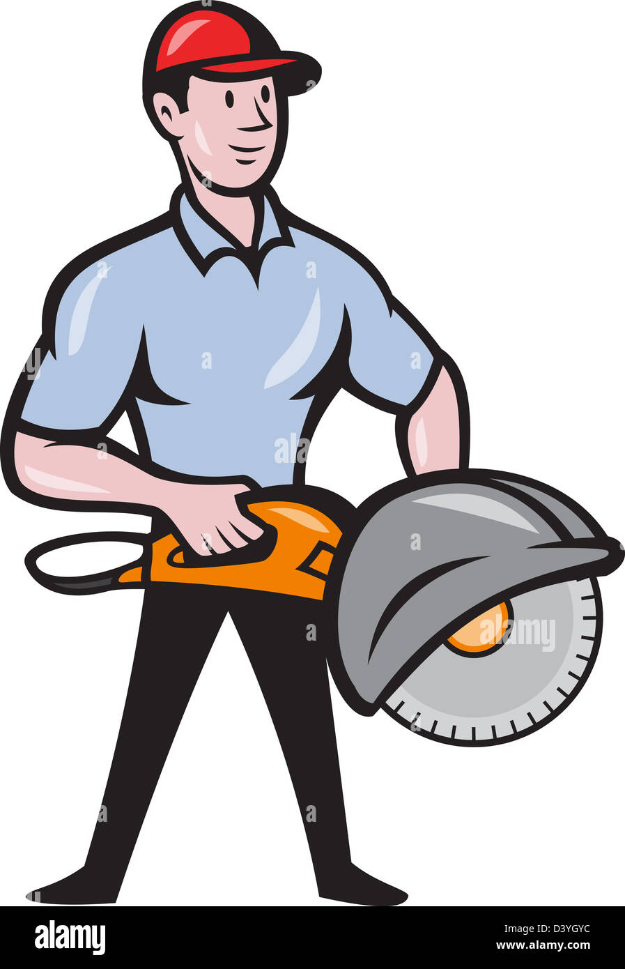 Abbildung eines Bauarbeiters mit Beton sah Consaw im Cartoon-Stil gemacht. Stockfoto